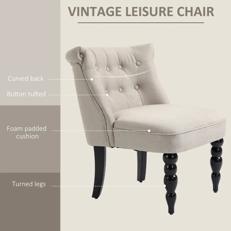 HOMCOM Vintage Leisure Accent Chair with Button Tufted Straight Back, Turned Legs, Thick Sponge Padding for Living Room, Dining Room, Study, Beige