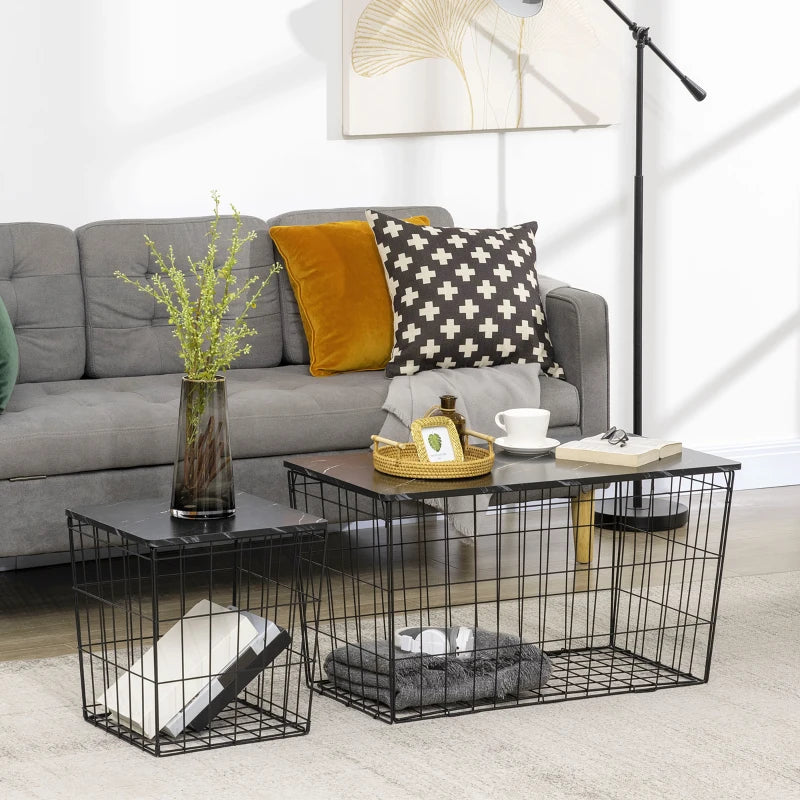 HOMCOM Side Table Marble Top, Black, with Storage, for Living Room Bedroom