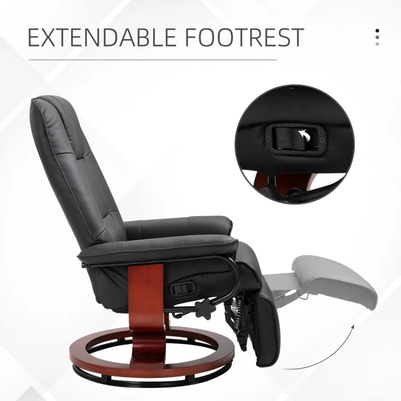 HOMCOM Black Recliner Chair, PU Leather Swivel Seat with Wooden Base