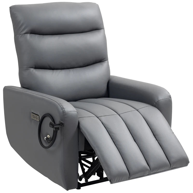 HOMCOM Electric Recliner Armchair with USB + Type C Charge Port, Phone Holder, PU Leather Reclining Chair with Adjustable Leg Rest, Recliner Chair for Home Living Room Theater, Grey