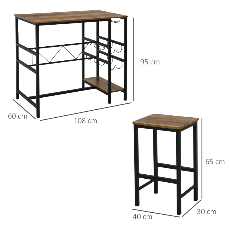 HOMCOM 3 Pieces Dining Table and Chair Bar Bistro Set with 8-bottle Wine Rack and Cup Holder, Metal Frame for Kitchen, Dining Room, Living Room, Pub