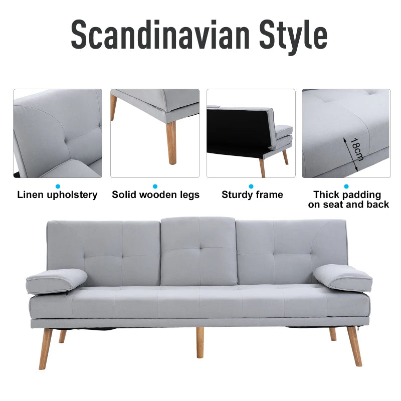 HOMCOM 3 Seater Sofa Bed Convertible Recliner Adjustable Back Thick Cushions w/ Armrest Middle Table Scandi Style Grey