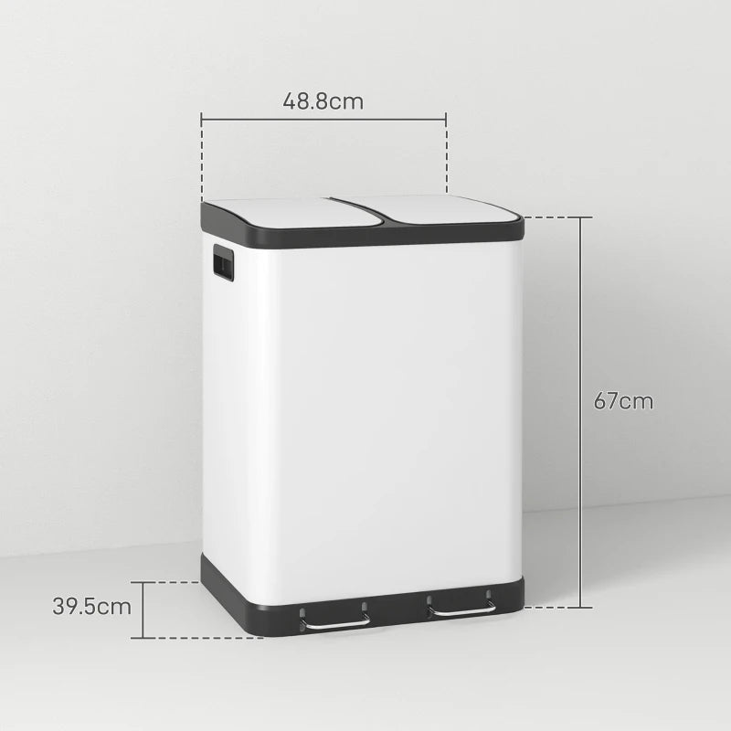 HOMCOM 60L White Kitchen Trash Can with Pedal, Stainless Steel, 2 Compartments, Soft-Close Lid