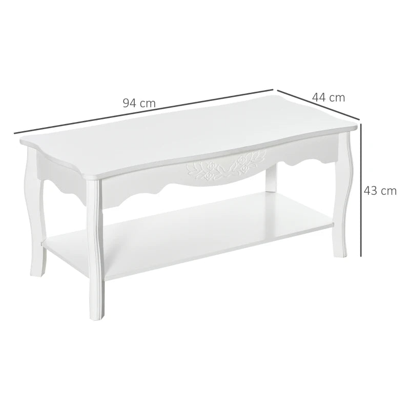 HOMCOM White Coffee Table Wood Cocktail Tea Centre Table with Storage Shelf for Living Room Reception Room, 94L x 44W x 42H cm