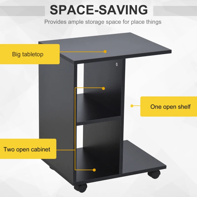 HOMCOM C-Shape End Table Unique Storage Unit w/ 2 Shelves 4 Wheels Freestanding Home Furniture Cabinet Square Black