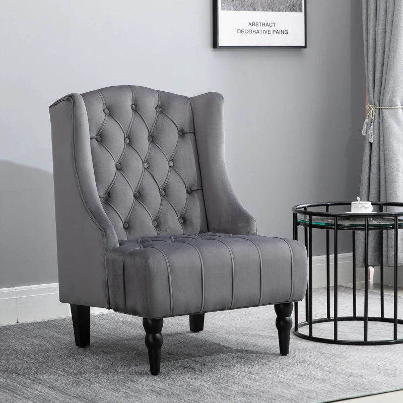 HOMCOM Velvet Fabric Tufted French Style Tall Wingback Accent Chair Home Décor with Extra Wide Seat, Wooden Legs, Grey