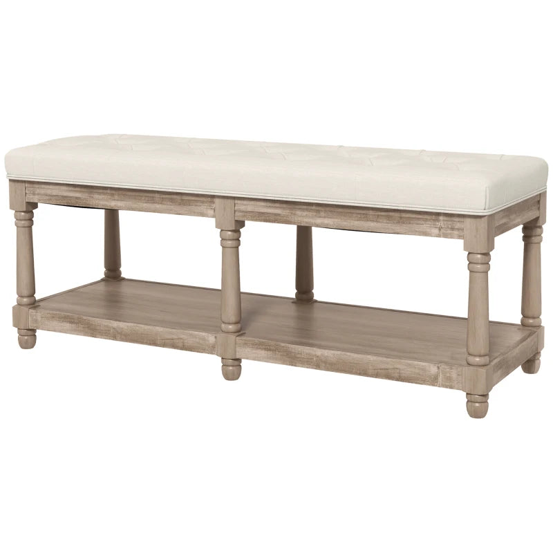 HOMCOM Tufted 2-Tier Shelf Shoe Bench 115 cm End of Bed Linen Upholstered Carved Wood Legs Linen Beige