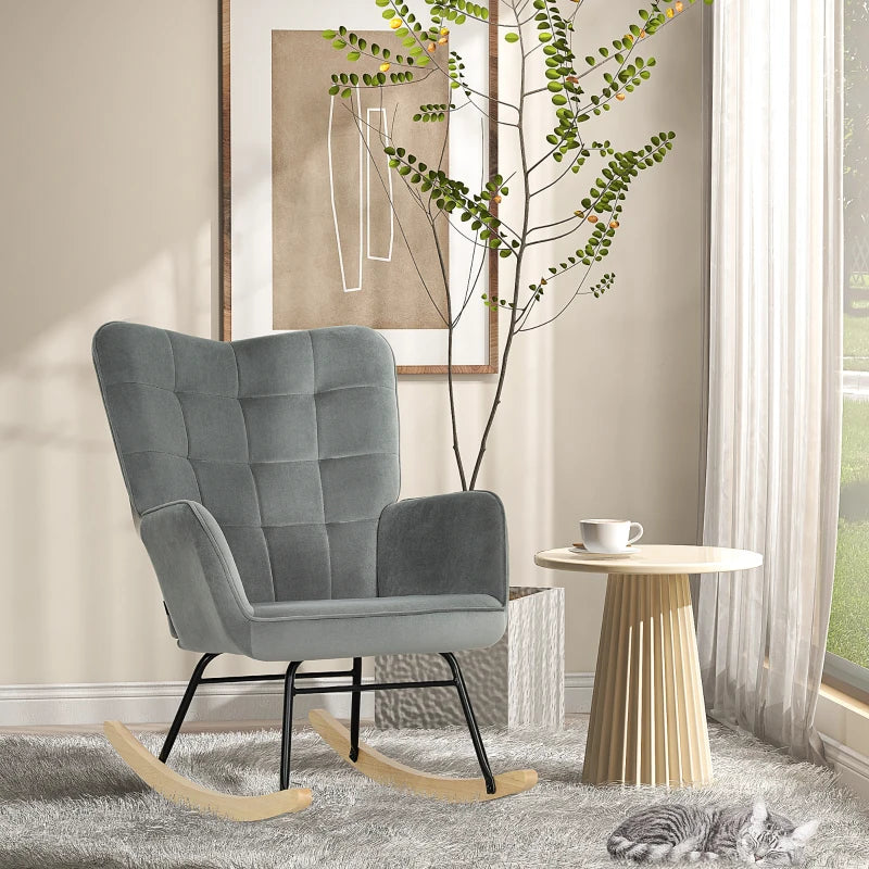 HOMCOM Vintage Rocking Chair, Curved Rockers, Thick Padding, Beechwood & Steel, Dark Gray