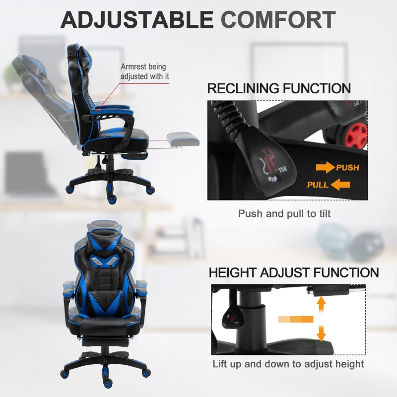 Vinsetto Faux Leather Reclining Gaming Chair, with Footrest - Blue/Black
