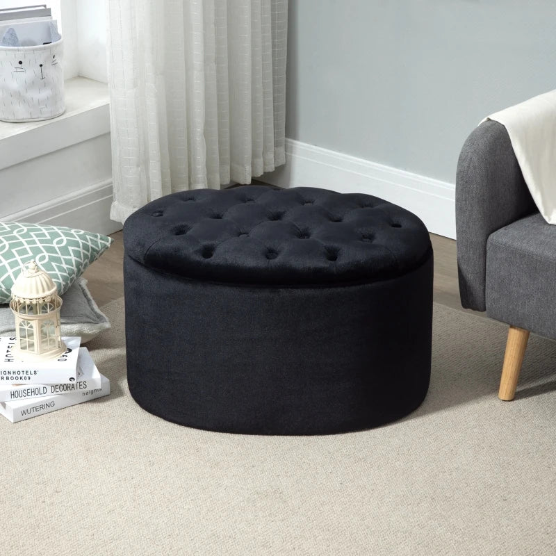 HOMCOM Bench Upholstered Ottoman with Storage Chest Oval Shape Entryway Bedroom Living Room Velvet-like Polyester Black 71 x 52 x 42 cm