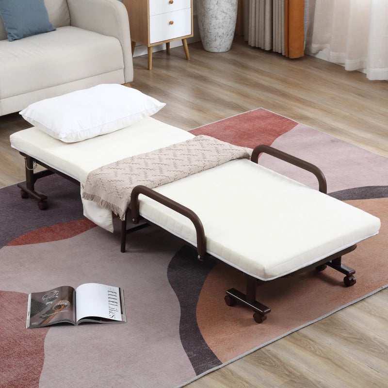 HOMCOM Folding Bed with Mattress, Single Guest Bed, Portable Fold Bed with Adjustable Backrest, Metal Frame on Wheels, White, 190 x 76 cm