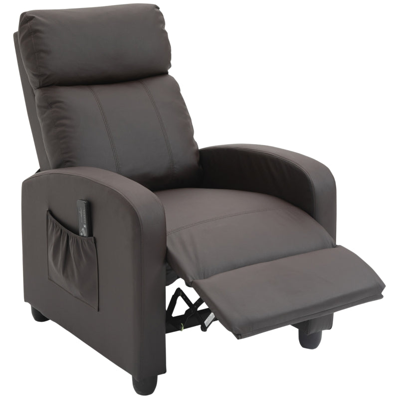 HOMCOM Recliner Armchair, Massage Faux Leather Push Back Reclining Chair with Adjustable Leg Rest, Side Pocket, for Home Living Room Theatre, Brown