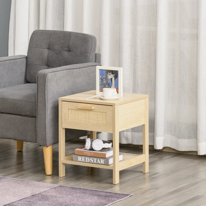 HOMCOM Nightstand with Rattan Drawer and Storage Shelf, Bedside End Table for Bedroom, Living Room