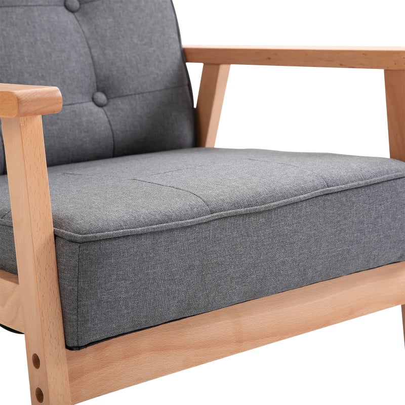 HOMCOM Sitting Chairs for Living Room, Wooden Accent Chair Lounge Armchair Retro Linen Fabric Upholstered w/ Arm Grey