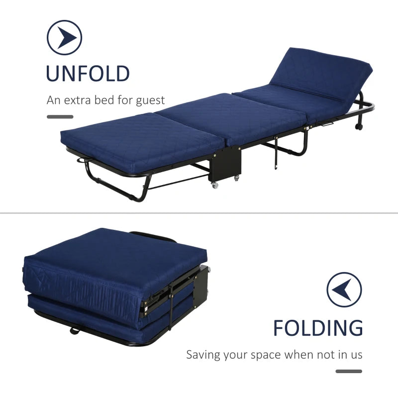 HOMCOM Foldable Guest Bed with 2.25 Inch/6cm Mattress and Adjustable Headrest with 5 Caster Wheels for Easy Storage