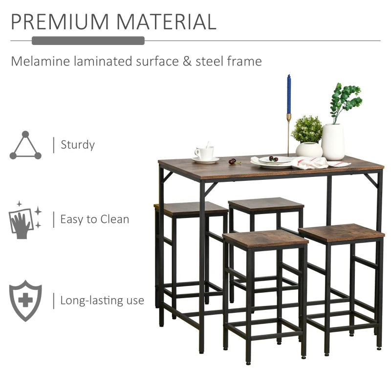 HOMCOM Industrial Rectangular Bar Table Set with 4 Stools for Dining Room, Kitchen, Dinette
