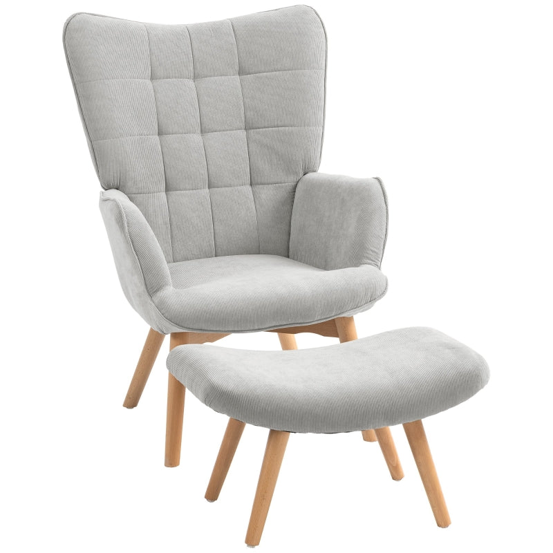 HOMCOM Accent Chair with Ottoman, Recliner in Corduroy Style, Armchair with Wooden Legs, for Living Room, Gray
