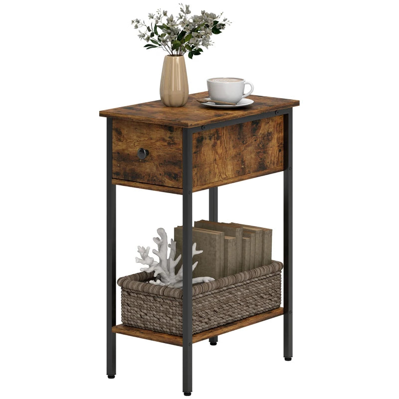 HOMCOM Narrow Side Table with Drawer and Storage Shelf - Rustic Brown