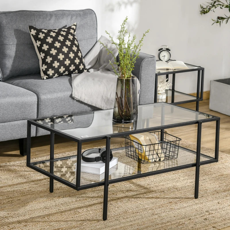HOMCOM Side Table Glass Coffee Table with Shelf Adjustable Feet with Steel Frame Glass Top Tempered Glass Black 100 x 55 x 45.5 cm
