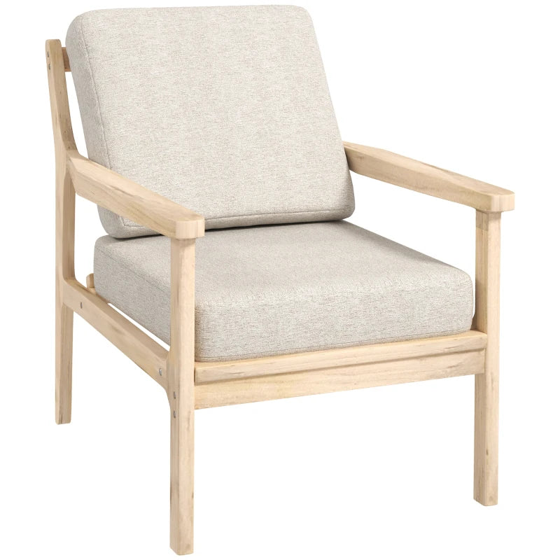 HOMCOM Minimalist design lounge chair with wooden structure, 2 removable cushions covered in linen-effect fabric, armrests, beige