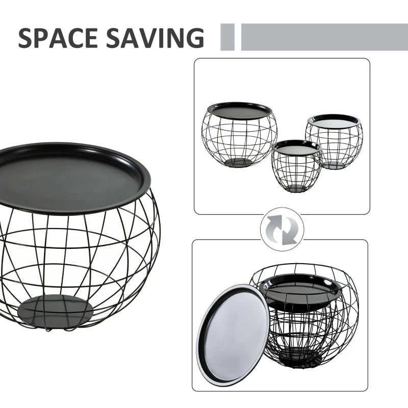 HOMCOM 3 Piece End Table Steel Storage Organizer Removable Tabletop for Living Room, Meeting Room,Black
