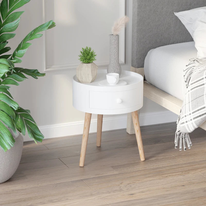 HOMCOM Modern Round Coffee Table Wooden Side Table Living Room Storage Unit w/ Drawer Wood Leg - White