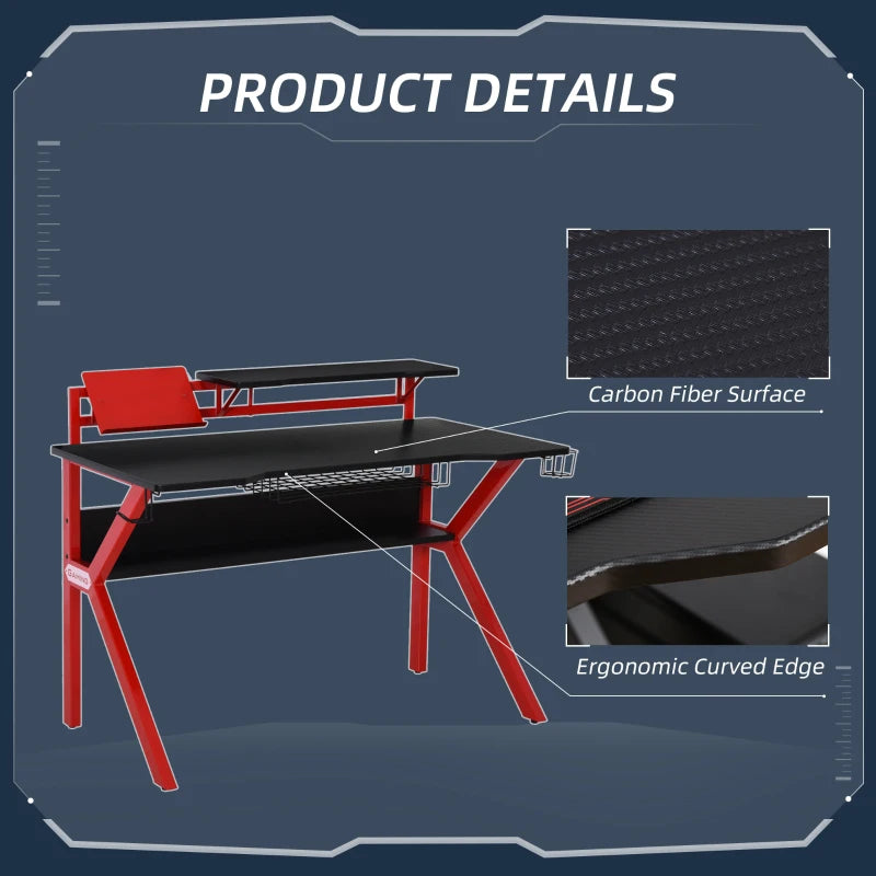 HOMCOM 136 x 66cm Gaming Desk with K Shape Legs, Computer Table with Monitor Stand, Cup Holder, Headphone Hook and Wire Basket, Red