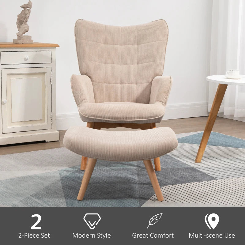 HOMCOM Modern Accent Chair with Ottoman, Living Room Chairs with Steel Frame, Wooden Legs for Living Room, Study, Bedroom and Home Office, Beige
