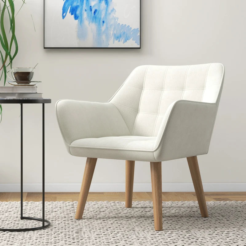 HOMCOM Accent Chair, Arm Chair with Wide Arms, Slanted Back, Thick Padding and Rubber Wooden Legs for Living Room, Cream White