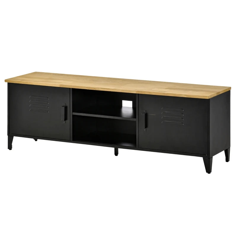 HOMCOM TV Stand TV Stand for 55'' TVs with 2 Cupboards Adjustable Feet Black Metal Frame Natural Wood Top 150 x 40 x 50 cm