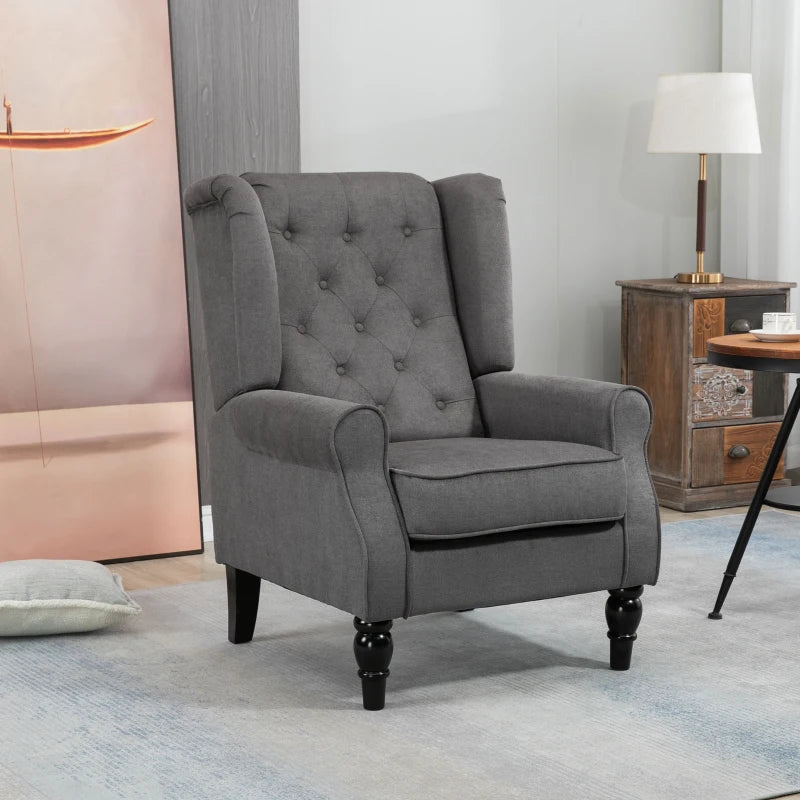 HOMCOM Vintage Design Ear Chair, Reading Armchair, Accent Chair, Wooden Material, Buttoned, Grey + Black