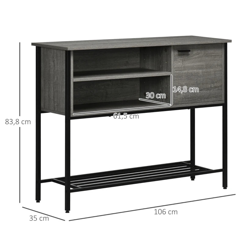 HOMCOM Console Table, Industrial Hallway Table with Door, 2 Open Compartments and Slatted Bottom Shelf, Narrow Entryway Table, Grey