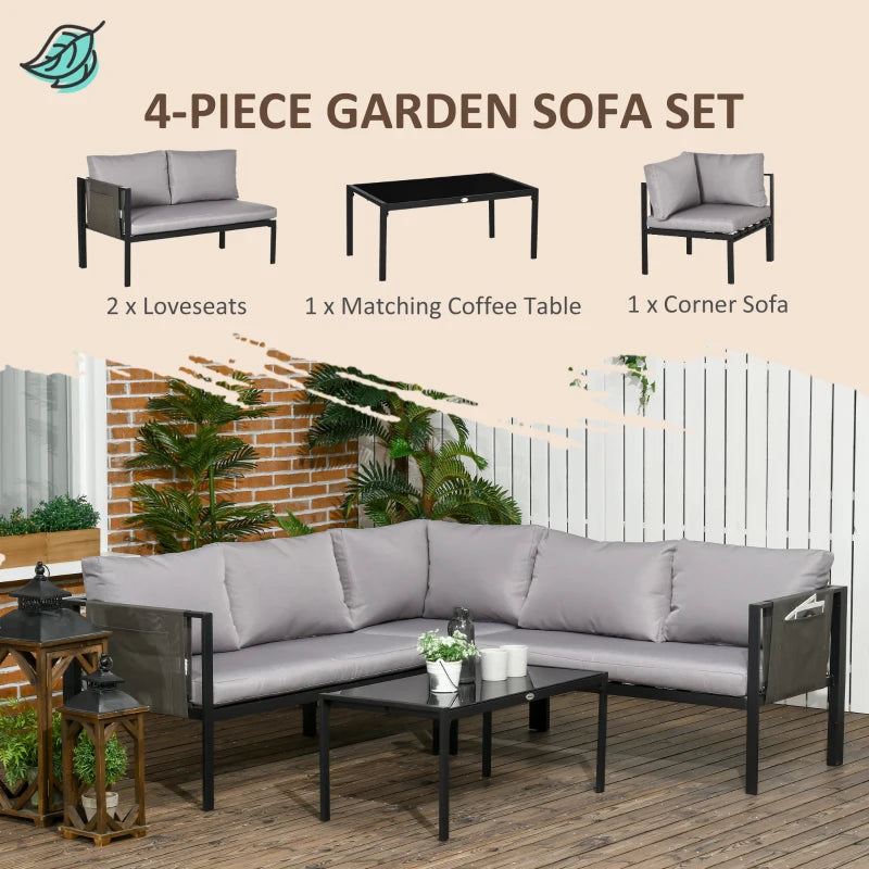 Outsunny 4 Piece Metal Garden Furniture Set, Includes Tempered Glass Coffee Table, Breathable Mesh Pocket, Outdoor Conversational Corner Sofa Loveseat, with Padded Cushions - Light Grey