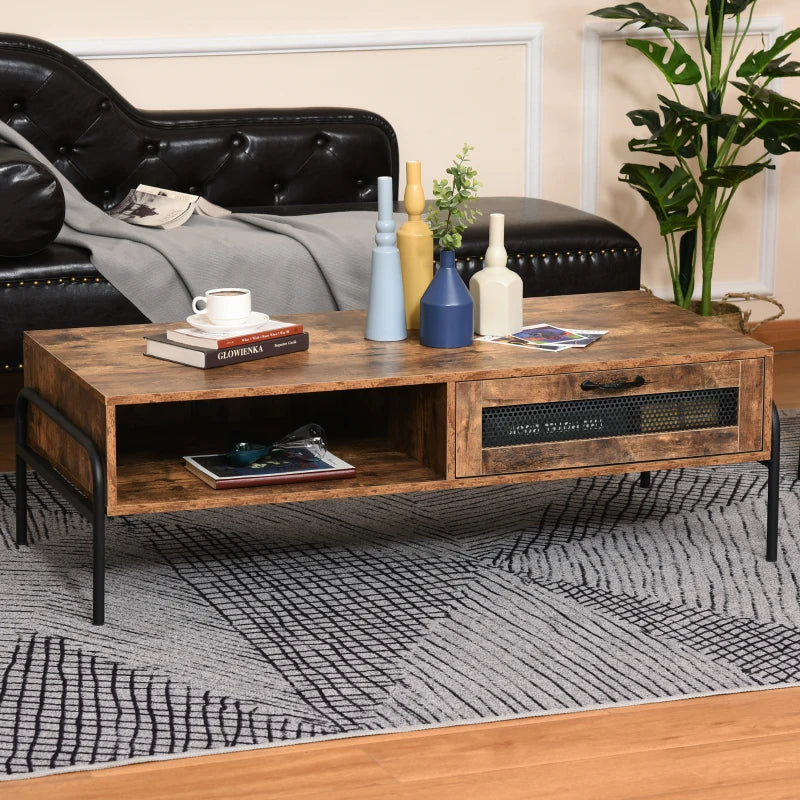 HOMCOM Industrial Coffee Table with Storage, Centre Table with Mesh Drawer, Open Shelf and Metal Legs for Living Room, Rustic Brown