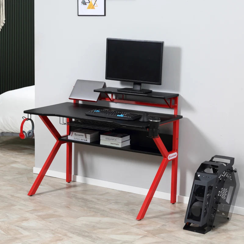 HOMCOM 136 x 66cm Gaming Desk with K Shape Legs, Computer Table with Monitor Stand, Cup Holder, Headphone Hook and Wire Basket, Red