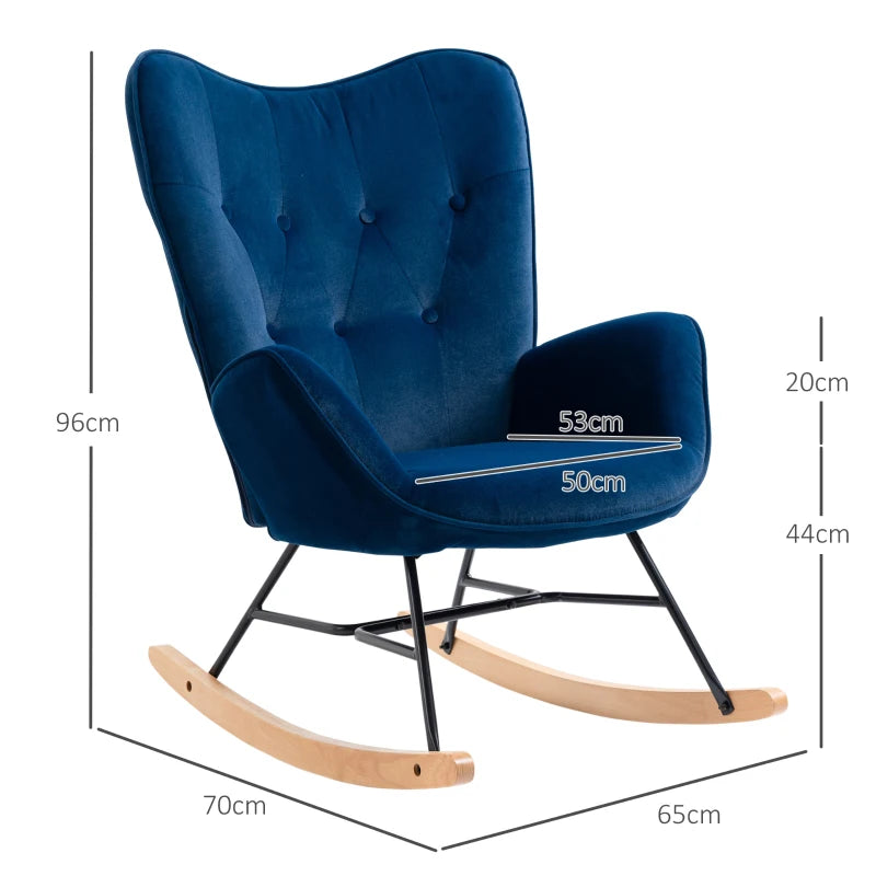 HOMCOM Rocking Chair with Ear Wings Rocking Chair High Comfort Armrests Deep Seat Foam padding Velvet-Look Blue