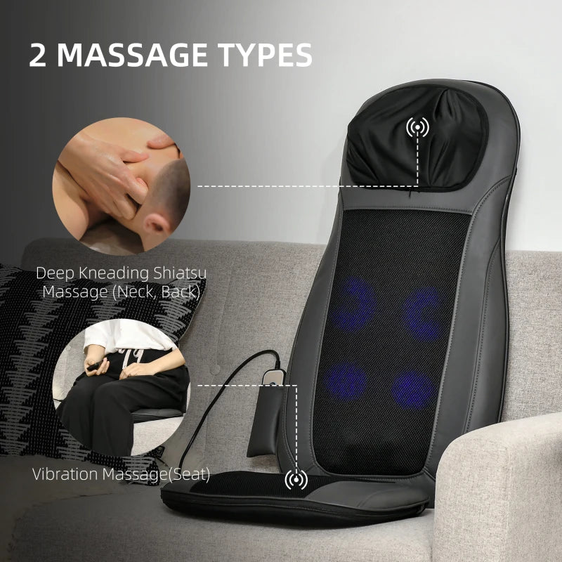 HOMCOM Shiatsu Back Massager for Neck, Massage Chair with Deep Tissue Kneading, Heating and Remote, Massage Cushion with Vibrating Points for Home Office and Car, Black