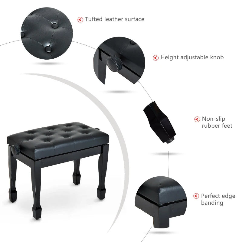 HOMCOM Faux Leather Piano Stool Height Adjustable Keyboard Bench Dressing Table Seat 64(L) x 35(W) x 45/55(H)cm,Black