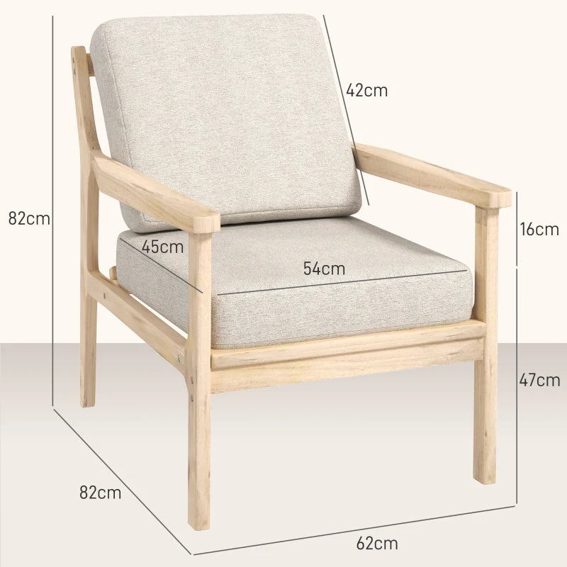 HOMCOM Minimalist design lounge chair with wooden structure, 2 removable cushions covered in linen-effect fabric, armrests, beige