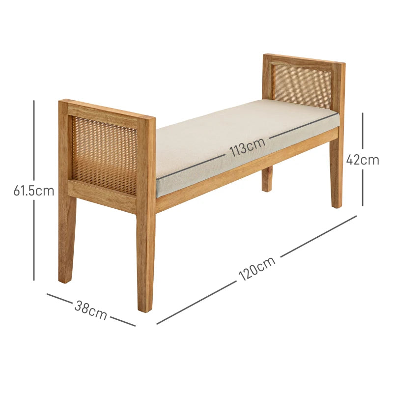 HOMCOM Linen-Look End of Bed Bench with Rattan Armrests and Solid Wood Frame 120 x 38 x 61.5 cm Beige