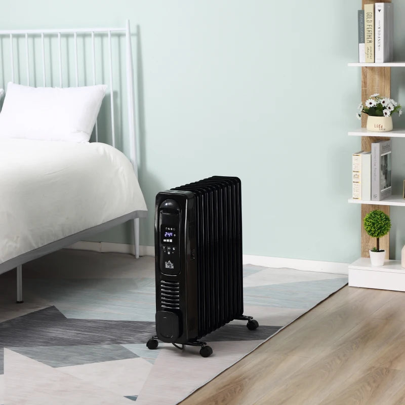 HOMCOM 2500W Digital Display Oil Filled Radiator, 11 Fin Portable Electric Heater with Timer, Adjustable Thermostat, Three Heat settings, Safety Cut Off, Remote, Black