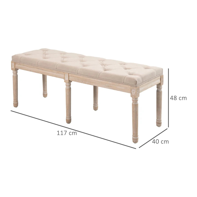 HOMCOM Vintage Design Vintage Bench, Button Tufting, Turned Legs, Shabby Chic, Cream + White