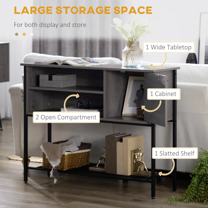 HOMCOM Console Table, Industrial Hallway Table with Door, 2 Open Compartments and Slatted Bottom Shelf, Narrow Entryway Table, Grey