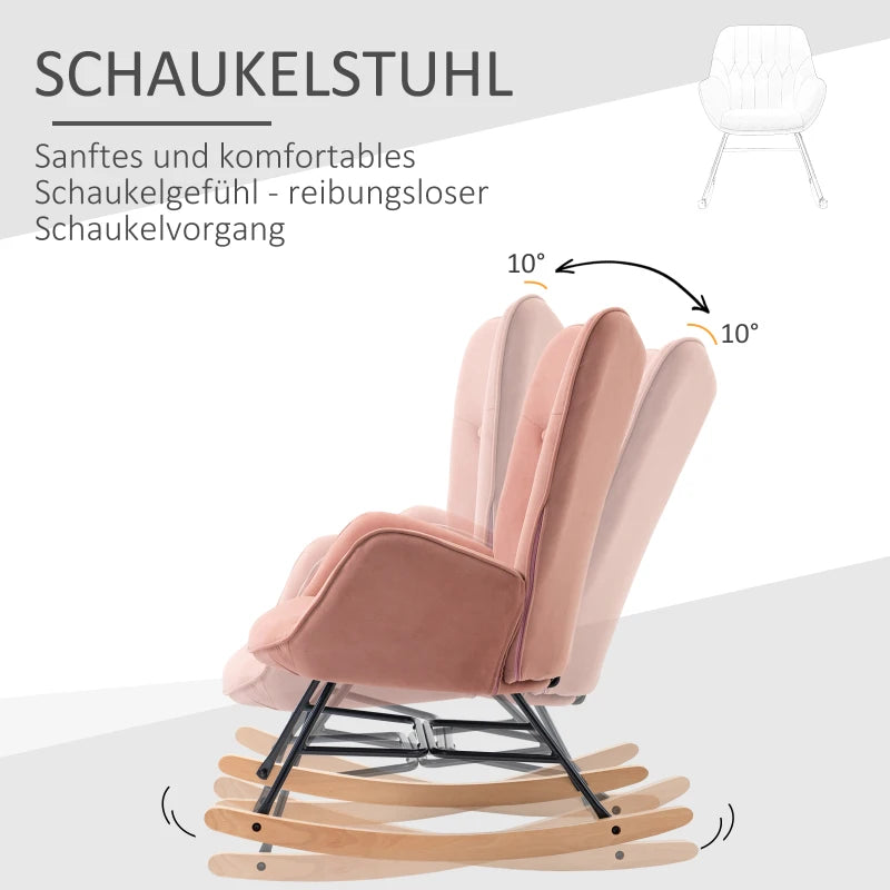 HOMCOM Rocking Chair with Steel Frame Upholstered Relax Chair Armchair Lounge with Padded Seat Velvety Polyester Rubberwood Metal Pink + Natural 65 x 70 x 96 cm