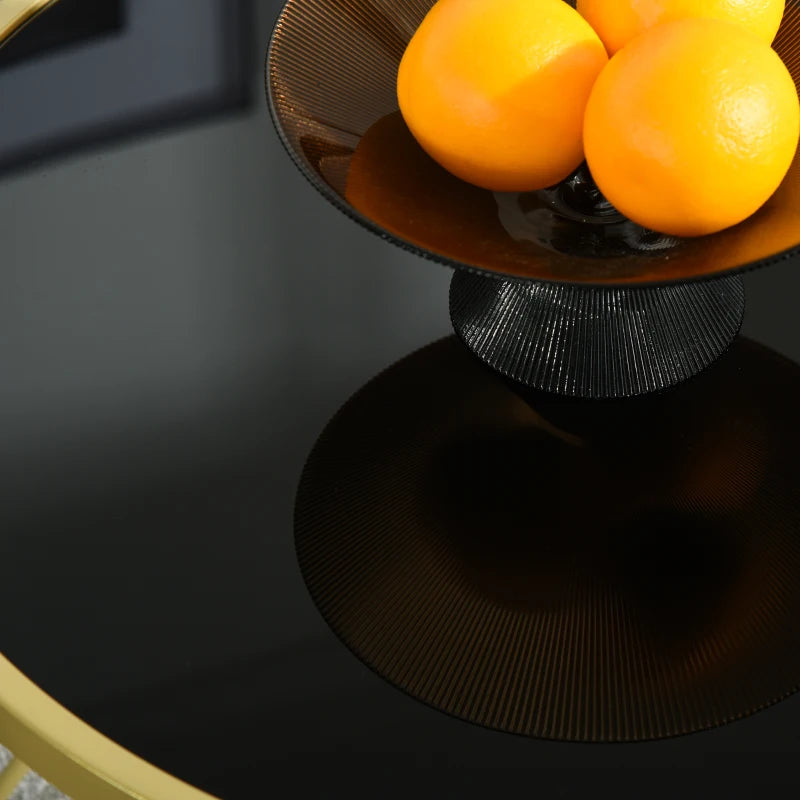HOMCOM Glass Coffee Table, Round End Side Table, Accent Table with Tempered Glass Top and Golden Metal Legs for Living Room, Bedroom, Black