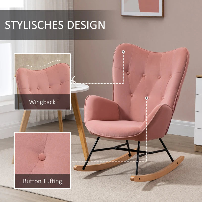HOMCOM Rocking Chair with Steel Frame Upholstered Relax Chair Armchair Lounge with Padded Seat Velvety Polyester Rubberwood Metal Pink + Natural 65 x 70 x 96 cm