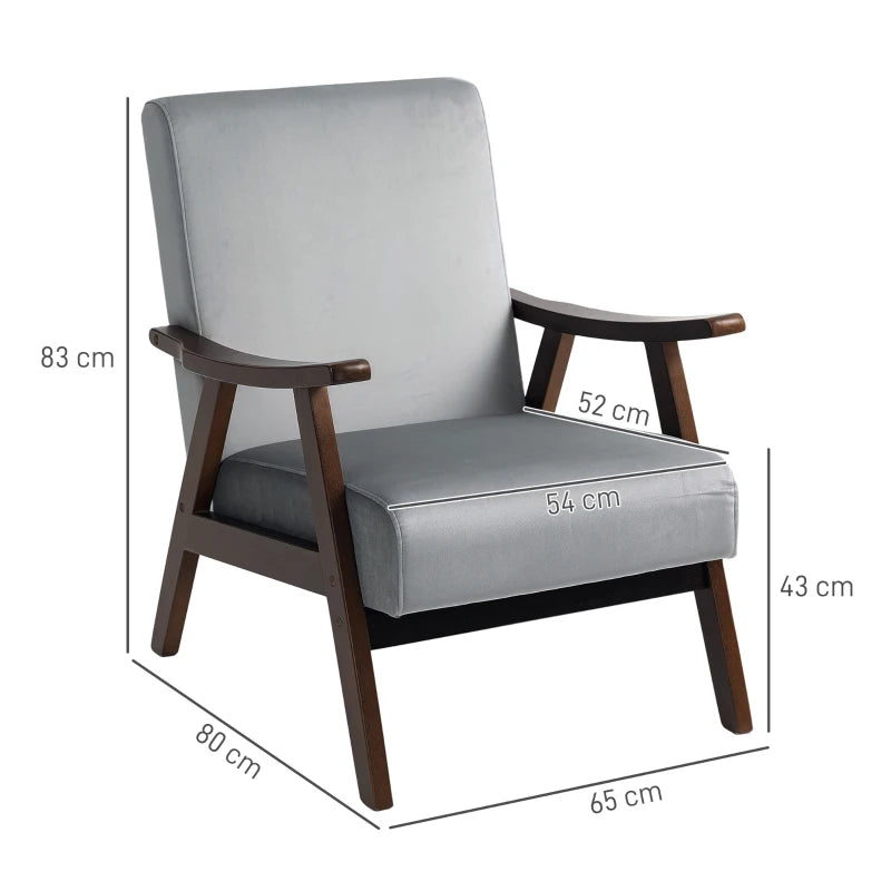HOMCOM Nordic Accent Chair, Upholstered Velvet Armchair with Solid Wood Frame and Soft Thick Padded for Living Room, Bedroom, Grey
