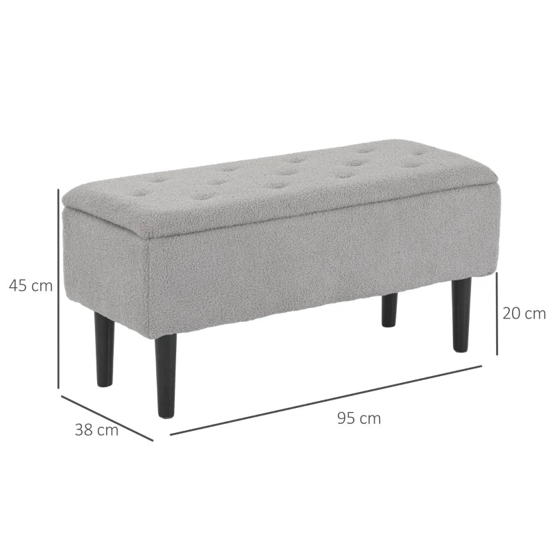 HOMCOM Storage Bench Storage Chest Cashmere Surface Rubberwood Legs 95 x 38 x 45 cm Gray