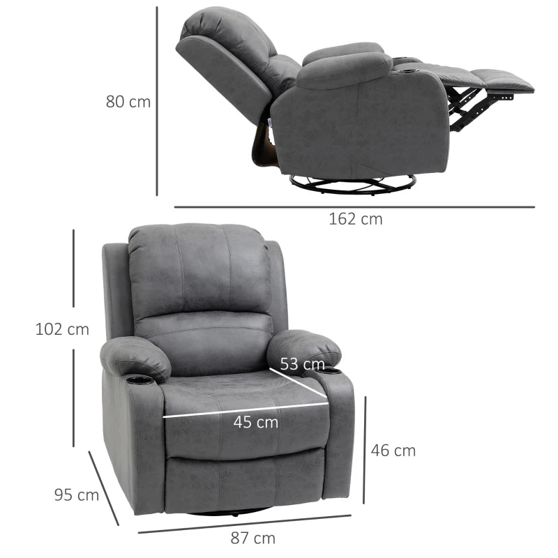 HOMCOM Recliner Chair with Footrest and Reclining Function, incl. Drink Holder, TV Chair, 87 cm x 95 cm x 102 cm, Gray