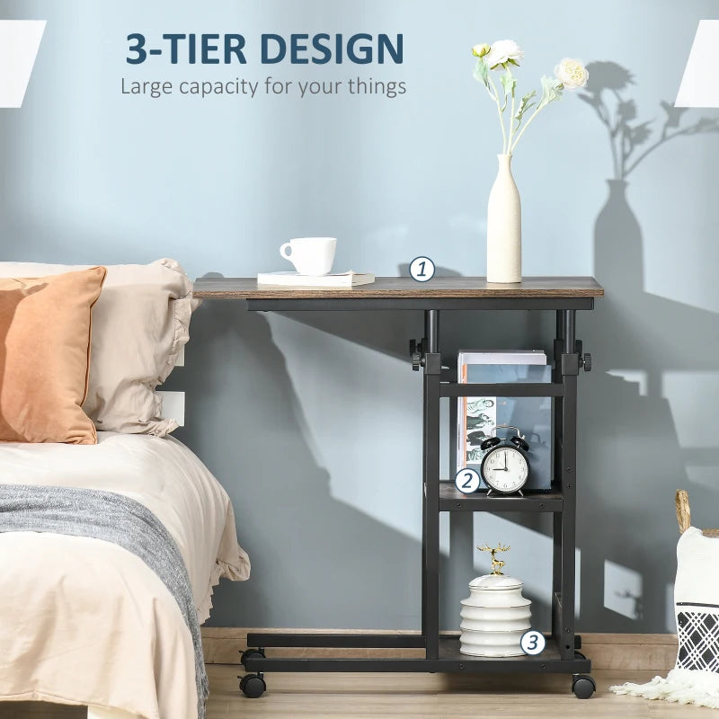 HOMCOM 3-Tier Mobile Side Table, C-Shaped End Table, Industrial Couch Table with Adjustable Height, Storage Shelves, Rustic Brown